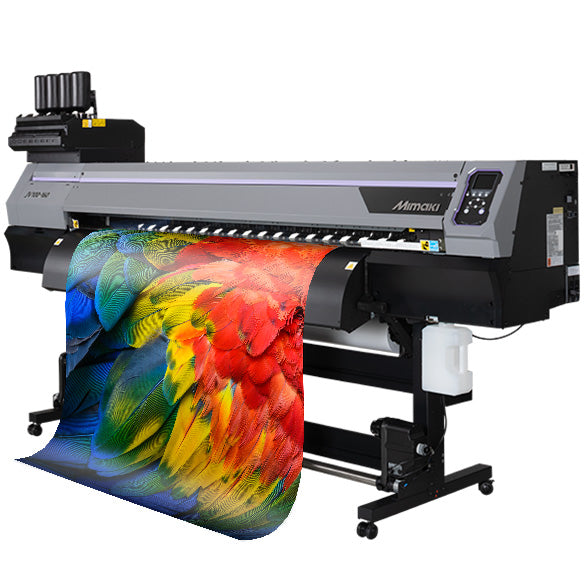 Mimaki JV100 large format printer, displaying a vibrant print with colourful images of birds, highlighting the printers quality output.