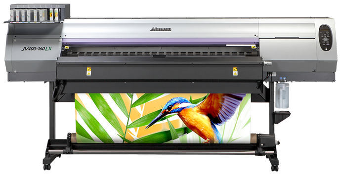 Mimaki JV400 160LX large format printer, showcasing a vibrant print of a  vibrant bird amongst green leaves, highlighting the printers detailed output.