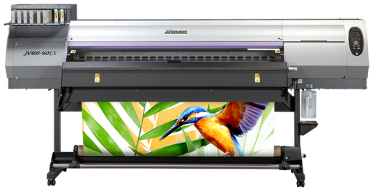 Mimaki JV400 160LX large format printer, showcasing a vibrant print of a  vibrant bird amongst green leaves, highlighting the printers detailed output.